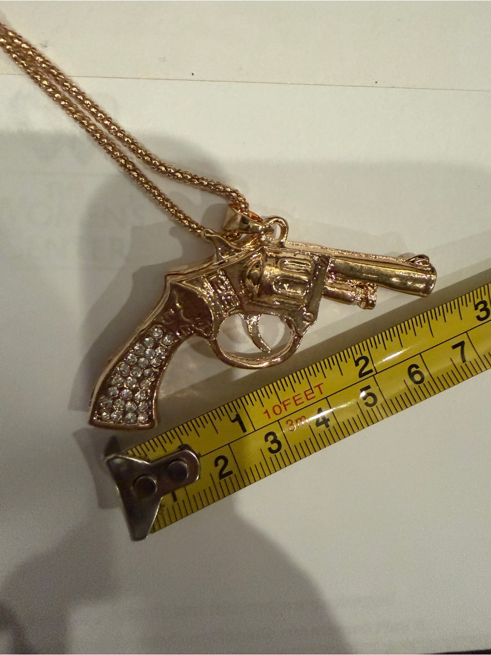 Betsey Johnson NWT Crystal Revolver Gun Pendant Necklace Gold Tone Long Chain - Picture 6 of 7